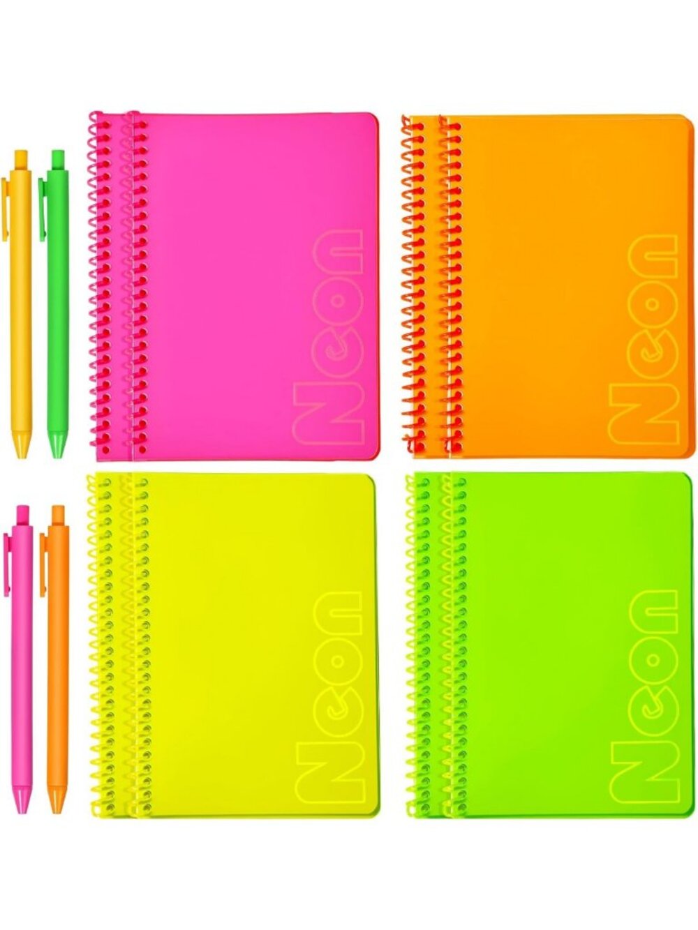 8 Pack Neon Spiral Notebooks & 4 Pens - 80 Sheets Wide Ruled Journals for School